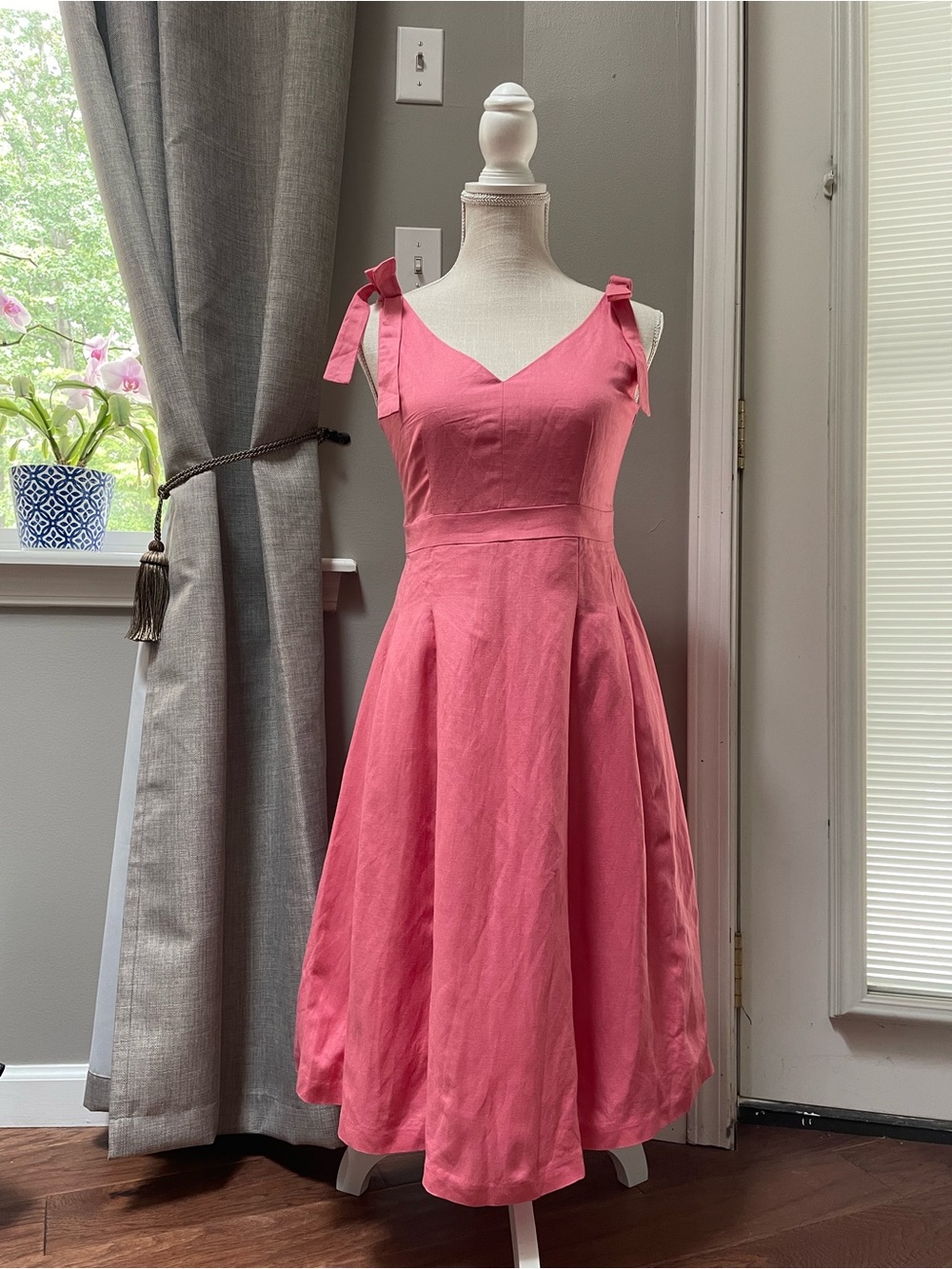 Ann Taylor Coral-Pink Tie-Shoulder Fit & Flare Midi Dress